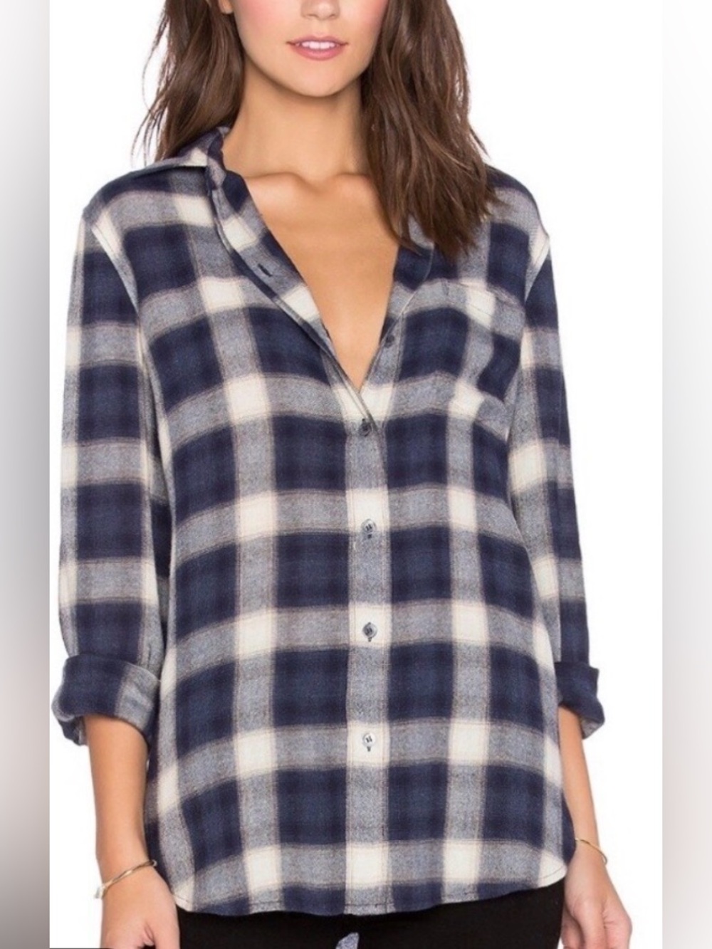 Theory Simara Wool Blend Women's Navy and White Plaid Button-Front Top Medium